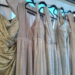 Gold, silver, grey, and blush wedding and bridesmaids dresses!!
